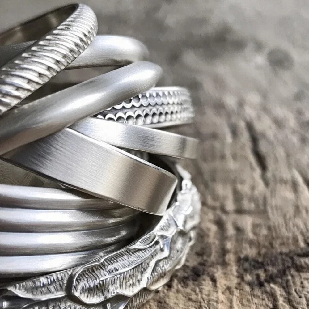 Brushed sterling silver scalloped open cuff bangle bracelet with satin finish.